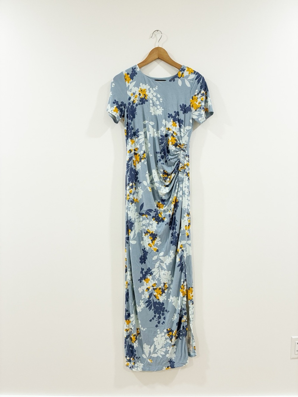 A Pea in the Pod Light Blue Floral Side-Ruched Maxi Dress
